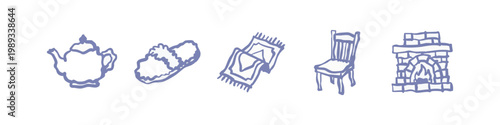 Hand-drawn icons: teapot, slippers, blanket, chair, fireplace