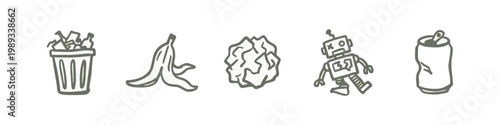 Hand-drawn icons: trash can, banana peel, crumpled paper, robot, can