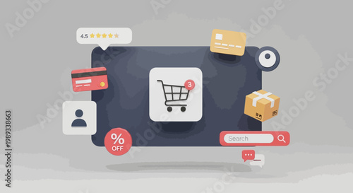 Seamless 3D Online Shopping Experience Conceptual Illustration of Digital Retail, E-commerce Transactions, and Customer Journey with Payment, Delivery, and Review Elements