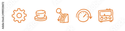 Hand-drawn icons: gear, button, lever, speedometer, meter