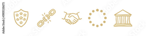 Hand-drawn icons: shield, broken chain, handshake, dots, building