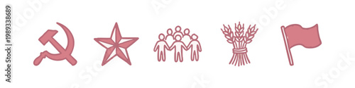 Hand-drawn icons: hammer and sickle, star, people, wheat, flag