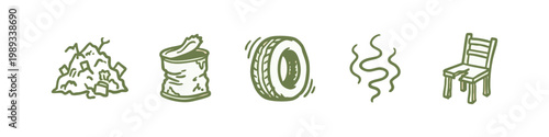 Hand-drawn icons: trash pile, crushed can, tire, smoke, broken chair