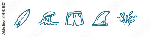 Surfing and beach activity icons in blue on white