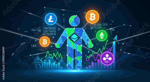 Futuristic concept art showing human integration with digital currency and blockchain technology, representing secure investment, financial growth, and the global digital economy