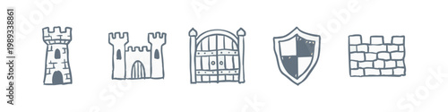 Castle and defense icons in blue-grey on white