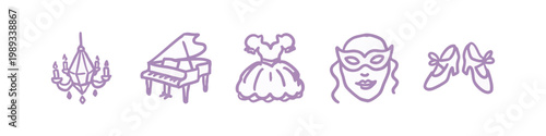 Elegant party and masquerade symbols in purple on white