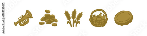 Harvest and Celebration Icons: Trumpet, Grains, Wheat, Basket of Fruit, Round Object
