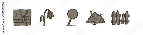 Billede på lærred Decay and Barrier Icons: Cracked Wall, Withered Flower, Signpost, Rubble, Fence