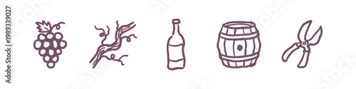 Viticulture and Winery Icons: Grapes, Vine, Bottle, Barrel, Pruners
