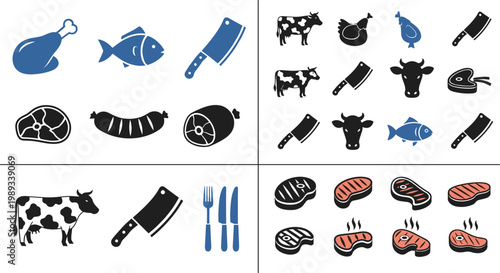 Meat and butchery icon set with beef pork chicken fish cuts, butcher tools and steak illustrations, food preparation symbols vector collection