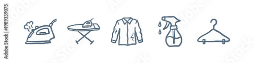Hand-drawn icons: Steaming iron, ironing board, shirt, spray bottle, and hanger.
