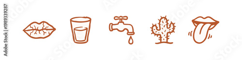 Thirst and Hydration Icons: Lips, Glass of Water, Faucet, Cactus, Tongue