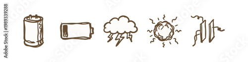 Hand-drawn electricity and energy icons: battery, cloud, sun, fuse.