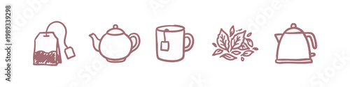 Tea Time Icons: Tea Bag, Teapot, Mug, Tea Leaves, Kettle
