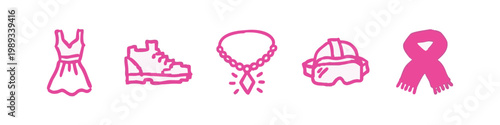 Fashion and awareness doodle icons: dress, boots, necklace, goggles, ribbon