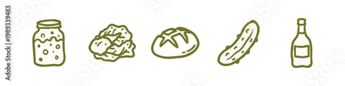 Food preservation doodle icons: jar, pickles, bread, cucumber, bottle