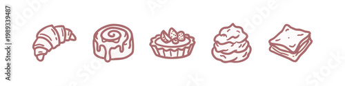 Bakery doodle icons: croissant, cinnamon roll, tart, cupcake, pastry