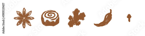 Spice Icons: Star Anise, Cinnamon Roll, Ginger, Cinnamon Stick, and Clove