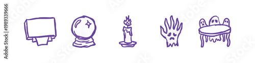 Supernatural and Halloween Doodle Icons: Paper, Crystal Ball, Candle, Ghost Hand, Chair