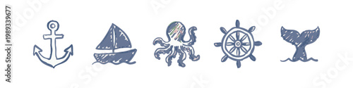 Nautical Themed Doodle Icons: Anchor, Sailboat, Octopus, Ship Wheel, Whale Tail