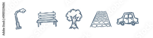 Urban and Street Scene Doodle Icons: Lamp Post, Bench, Tree, Pavement, Car