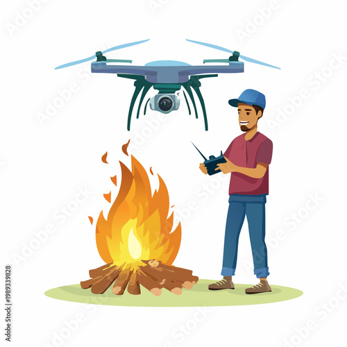 Man flying camera drone over campfire vector illustration
