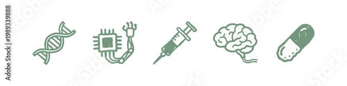 Science and Medical Technology Icons with DNA Robotic Arm Syringe Brain and Pill