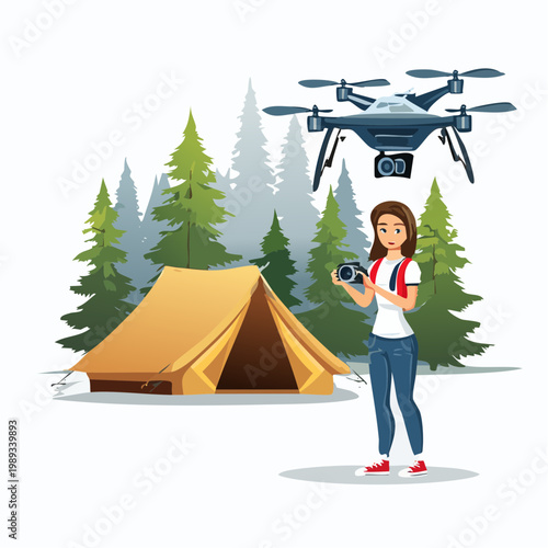 Woman photographer using camera and drone at a forest campsite
