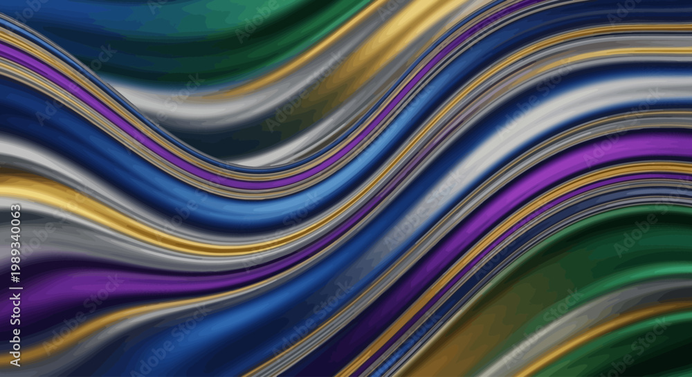 Fototapeta premium Lustrous abstract waves in a dynamic background, showcasing a graceful flow of metallic blues, greens, golds, and purples, creating a modern and elegant artistic impression