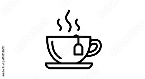 Simple black and white line drawing of a hot cup of tea with rising steam