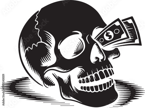 Skull and Money Concept Graphic – Minimalist Finance Illustration for Risk and Debt