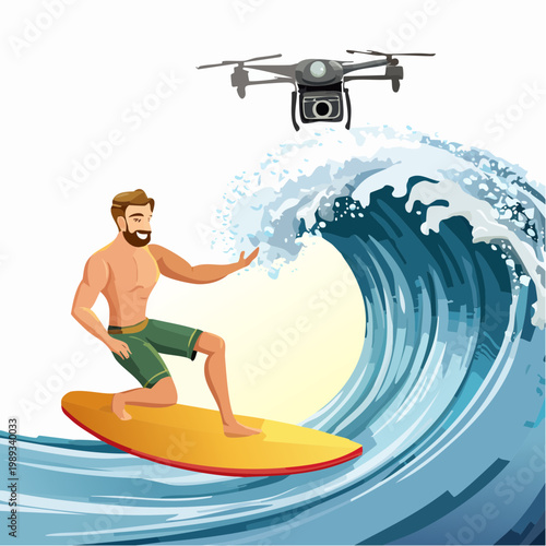 Man surfing on big wave being filmed by drone vector illustration