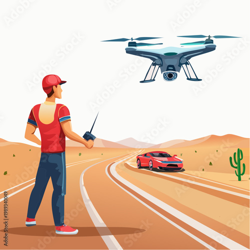 Man operating drone to film sports car in desert landscape