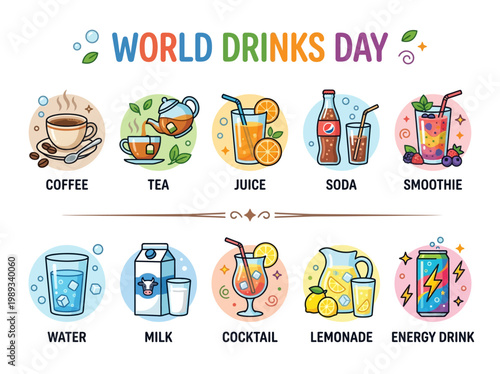 A vibrant collection of illustrated beverages celebrating World Drinks Day, featuring coffee, tea, juice, soda, smoothies, water, milk, cocktails, lemonade, and energy drinks