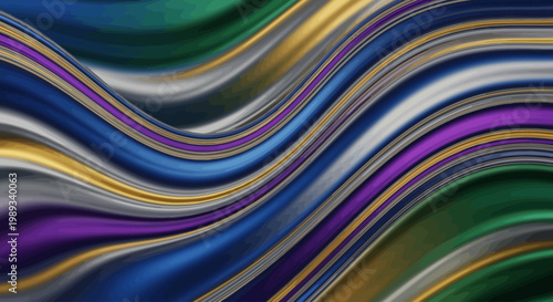 Lustrous abstract waves in a dynamic background, showcasing a graceful flow of metallic blues, greens, golds, and purples, creating a modern and elegant artistic impression