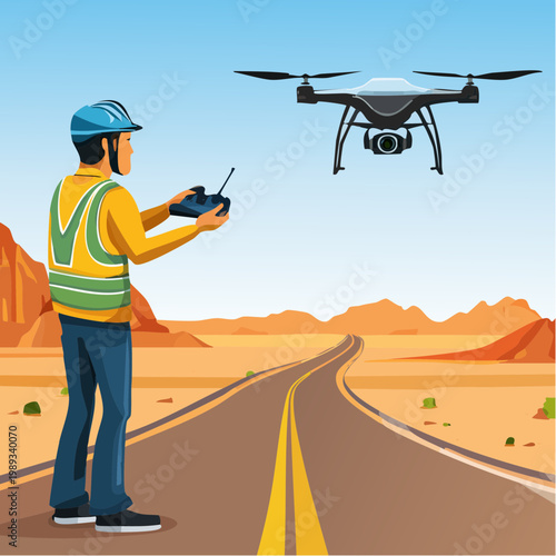 Vector illustration of worker using drone for desert road inspection