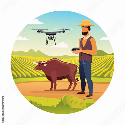 Modern farmer monitoring cattle with smart drone technology