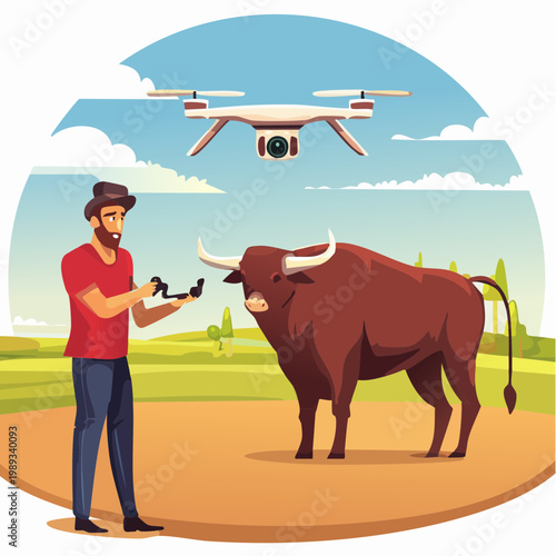Modern farmer using drone technology to monitor bull in field