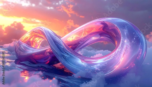 Glossy Iridescent Infinity Symbol 3d Render Purple And Golden Floating Above Clouds In A Surreal Sunset With Light Reflections