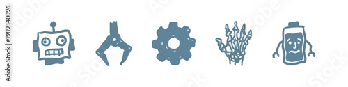 Hand Drawn Robotics and Technology Icons Set Featuring Robot Head Mechanical Claw Gear Skeletal Hand and Battery