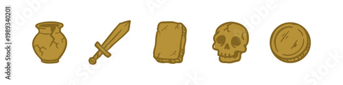 Ancient Archaeology Hand Drawn Icons Set Featuring Broken Pottery Sword Stone Tablet Skull and Gold Coin