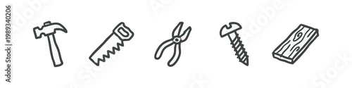 Construction Tools and Hardware Hand Drawn Icons Set with Hammer Saw Pliers Screw and Wood Plank