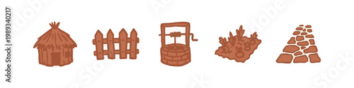 Rural Village Life Hand Drawn Icons Set with Straw Hut Fence Water Well Vegetable Garden and Stone Path