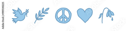 Peace and Empathy Hand Drawn Icons Set with Dove Olive Branch Peace Symbol Heart and Drooping Flower