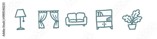 Home Interior Furniture Hand Drawn Icons Set with Floor Lamp Curtains Sofa Bookshelf and Houseplant