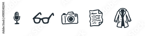 Journalism and Investigation Icons Set with Microphone Camera and Trench Coat