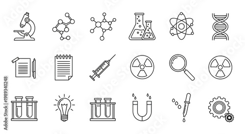 Science and research icons a comprehensive collection representing various scientific disciplines and tools
