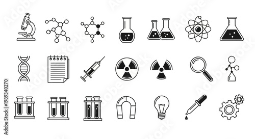 Science and research icons a comprehensive collection representing various scientific disciplines and tools