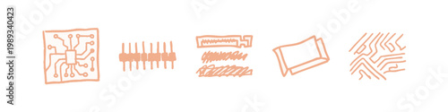 Hand drawn electronic circuit and microchip icons set for technology themes